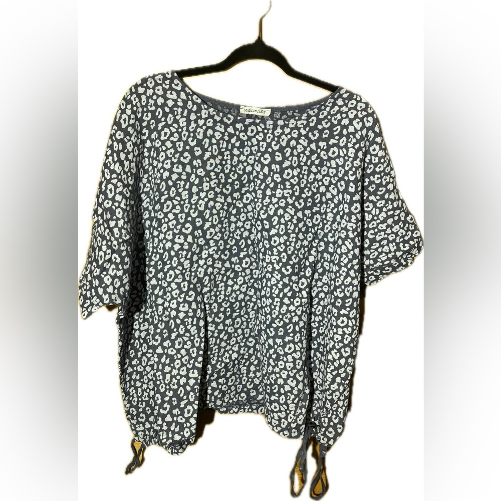 Made in Italy Linen Dark Blue & White Leopard Print Short Sleeve Tunic Top